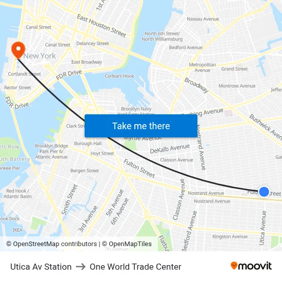Utica Av Station to One World Trade Center map