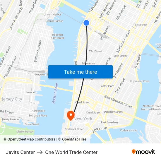 Javits Center to One World Trade Center map