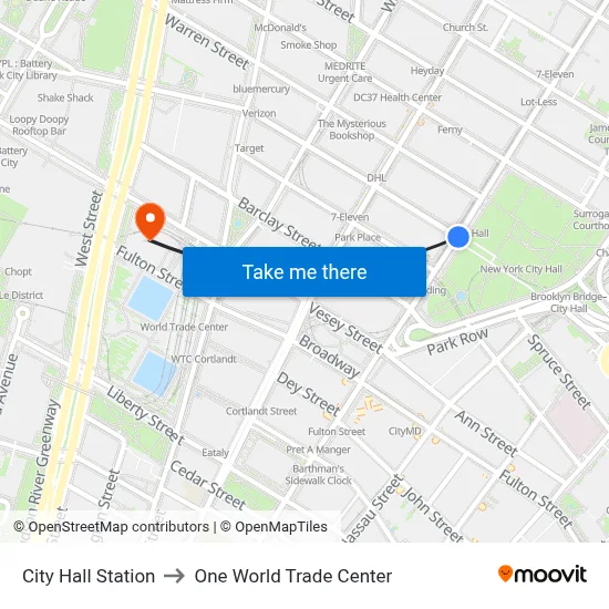 City Hall Station to One World Trade Center map