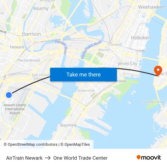 AirTrain Newark, AirTrain Newark, New Jersey, USA to One World Trade Center map