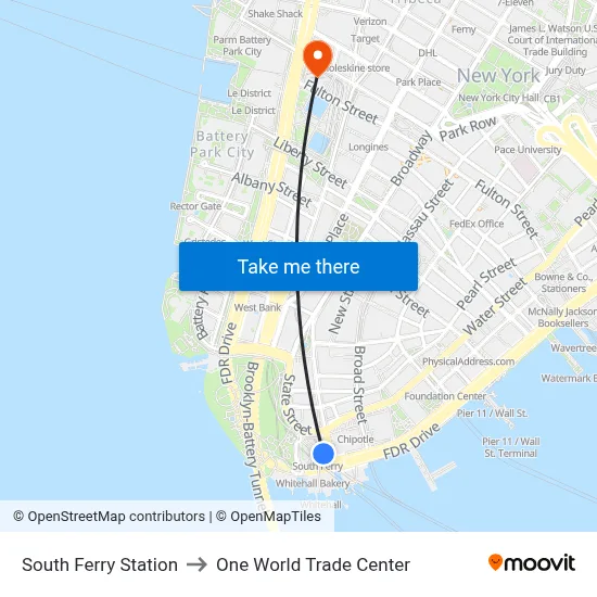 South Ferry Station to One World Trade Center map