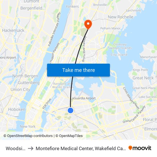 Woodside to Montefiore Medical Center, Wakefield Campus map
