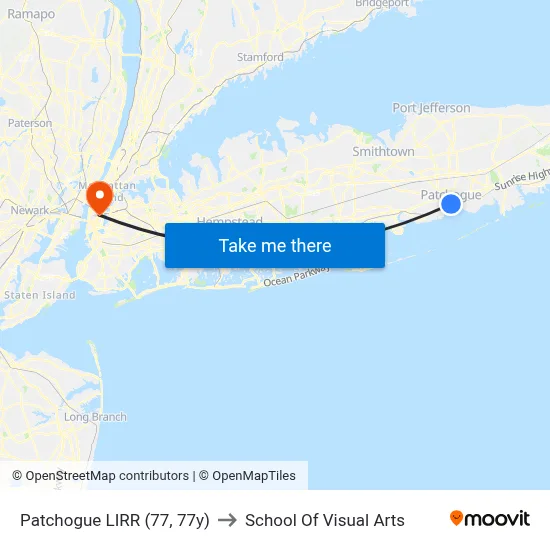 Patchogue LIRR (77, 77y) to School Of Visual Arts map