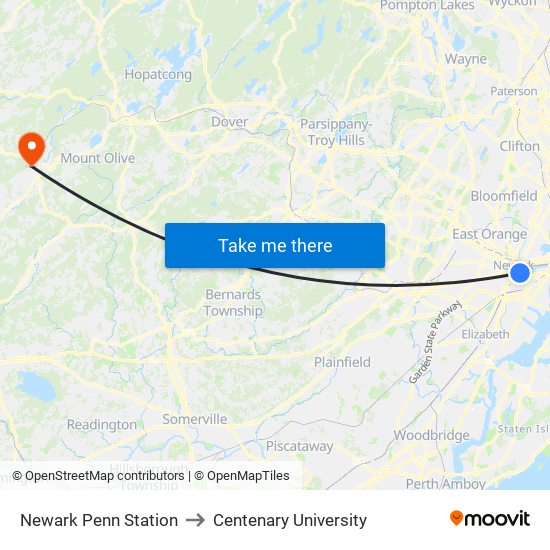 Newark Penn Station to Centenary University map