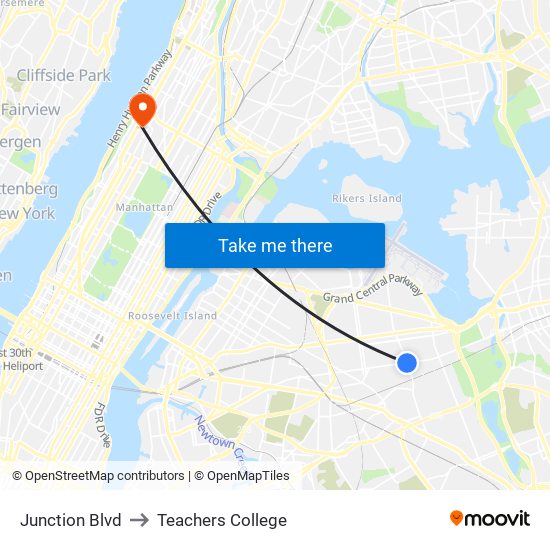 Junction Blvd to Teachers College map