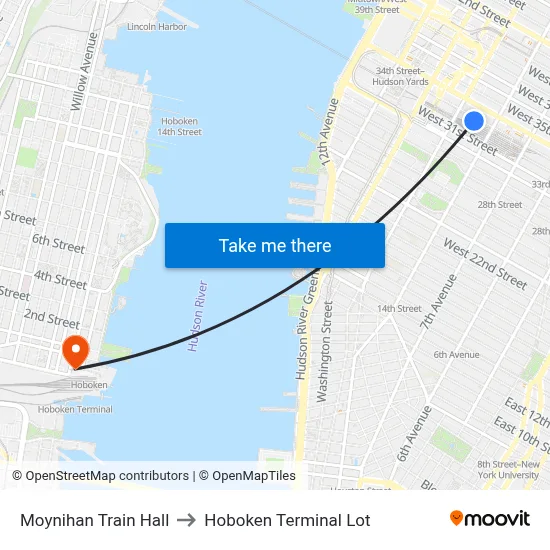 Moynihan Train Hall to Hoboken Terminal Lot map