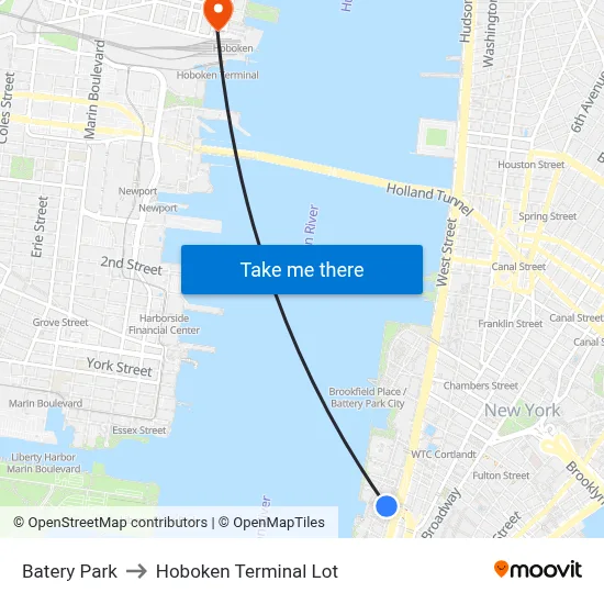 Batery Park to Hoboken Terminal Lot map