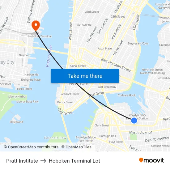 Pratt Institute, 63 Flushing Ave to Hoboken Terminal Lot map