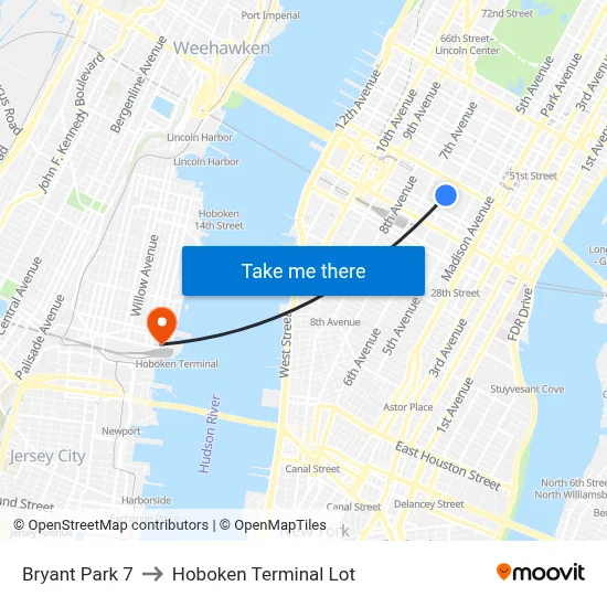 Bryant Park 7 to Hoboken Terminal Lot map