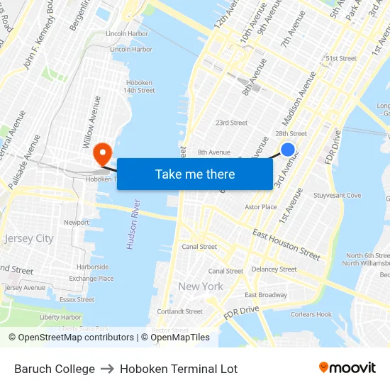 Baruch College to Hoboken Terminal Lot map