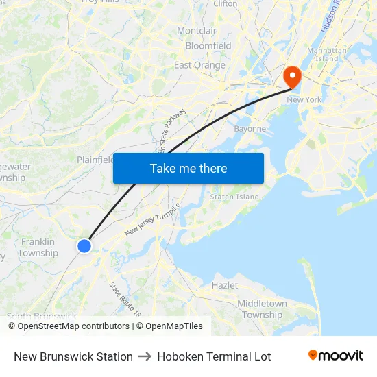 New Brunswick Station to Hoboken Terminal Lot map