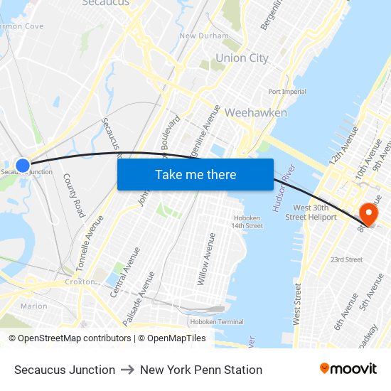 Secaucus Junction to New York Penn Station map