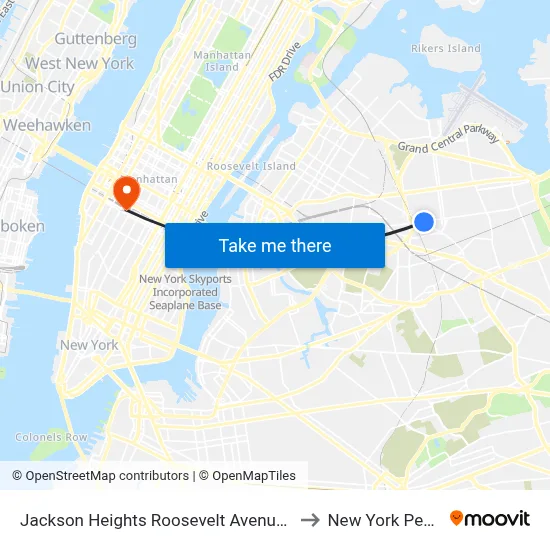 Jackson Heights Roosevelt Avenue 74th Street Station to New York Penn Station map