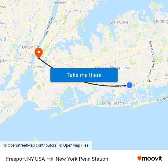Freeport NY USA to New York Penn Station map