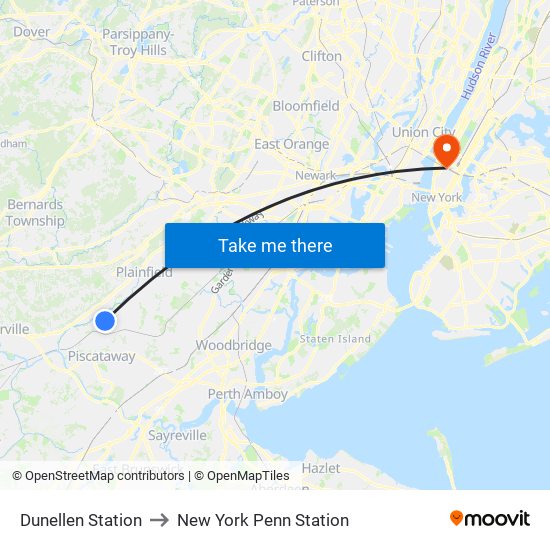 Dunellen Station to New York Penn Station map