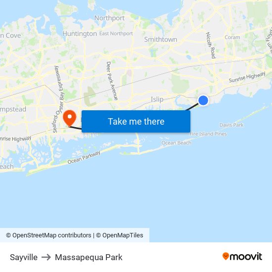 Sayville to Massapequa Park map