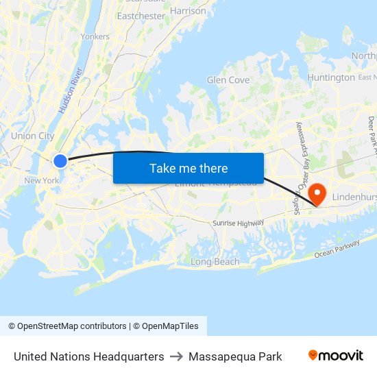 United Nations Headquarters to Massapequa Park map