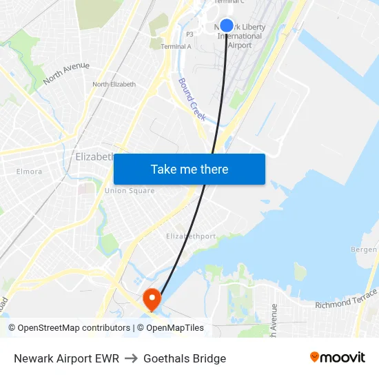 Newark Airport EWR to Goethals Bridge map