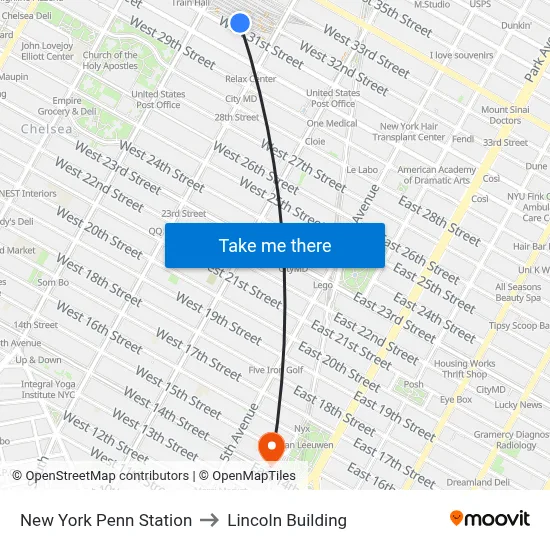 New York Penn Station to Lincoln Building map
