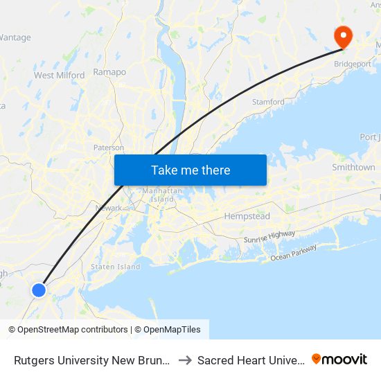 Rutgers University New Brunswick to Sacred Heart University map