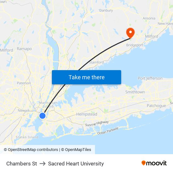 Chambers St to Sacred Heart University map