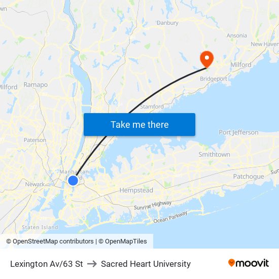 Lexington Av/63 St to Sacred Heart University map