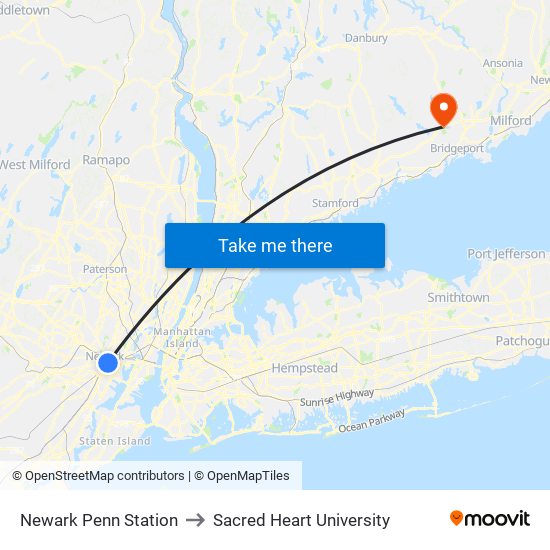 Newark Penn Station to Sacred Heart University map