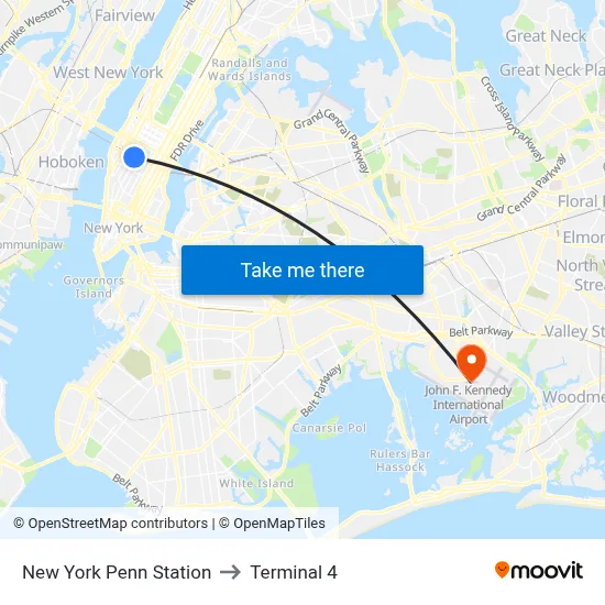New York Penn Station to Terminal 4 map