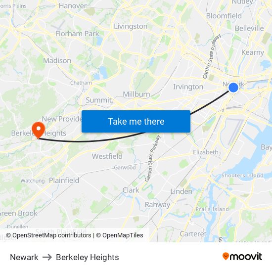 Newark to Berkeley Heights map