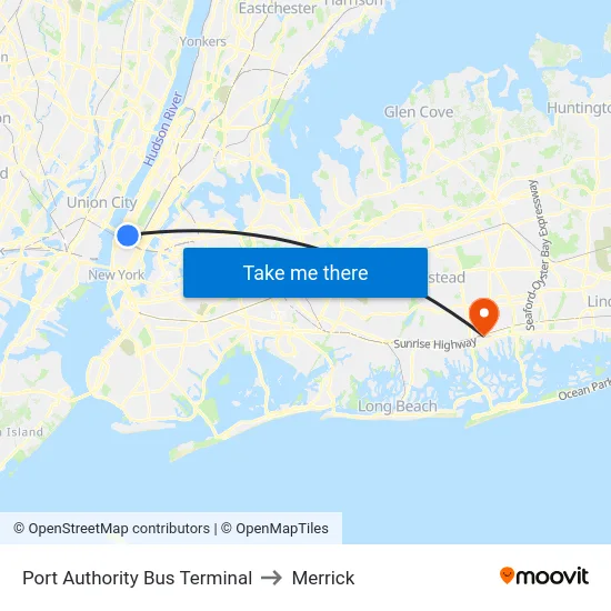 Port Authority Bus Terminal to Merrick map