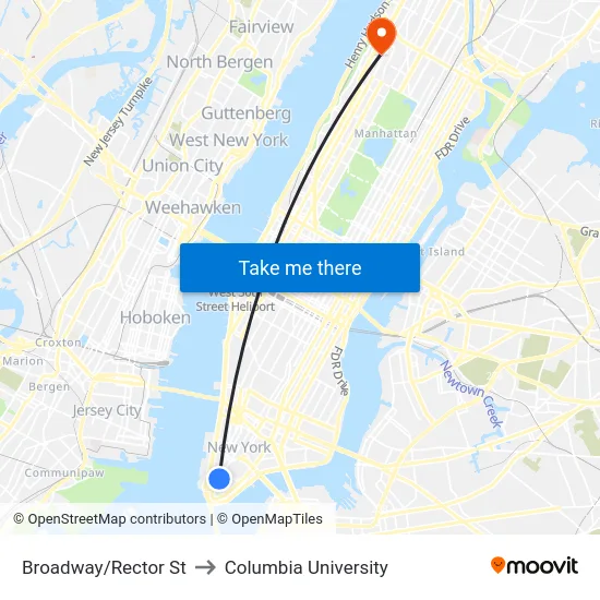 Broadway/Rector St to Columbia University map