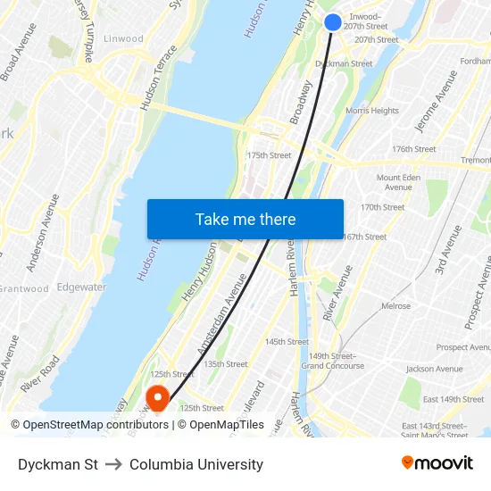 Dyckman St to Columbia University map
