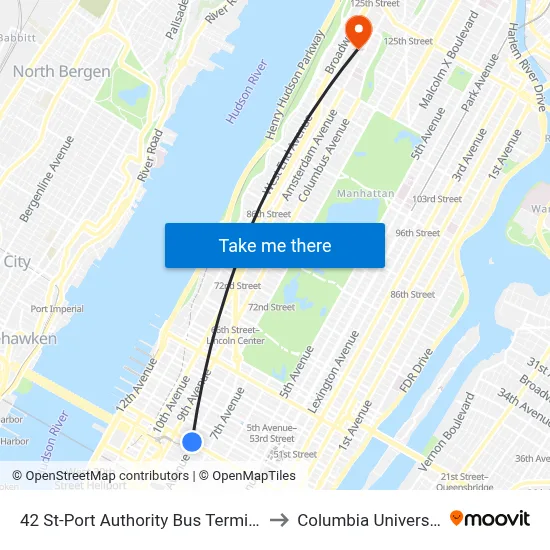 42 St-Port Authority Bus Terminal to Columbia University map