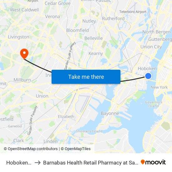 Hoboken Terminal to Barnabas Health Retail Pharmacy at Saint Barnabas Medical Center map