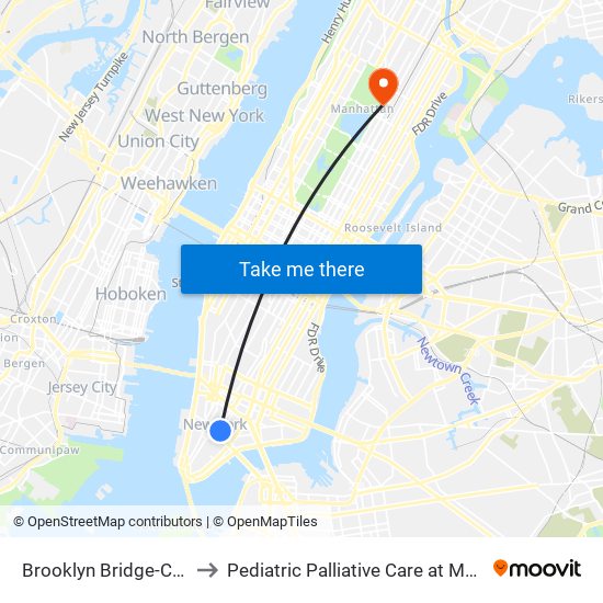 Brooklyn Bridge-City Hall to Pediatric Palliative Care at Mount Sinai map
