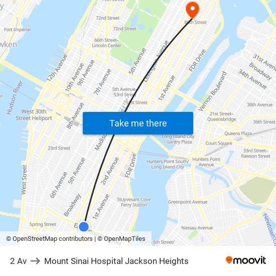 2 Av to Mount Sinai Hospital Jackson Heights map