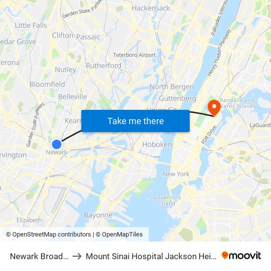 Newark Broad St to Mount Sinai Hospital Jackson Heights map