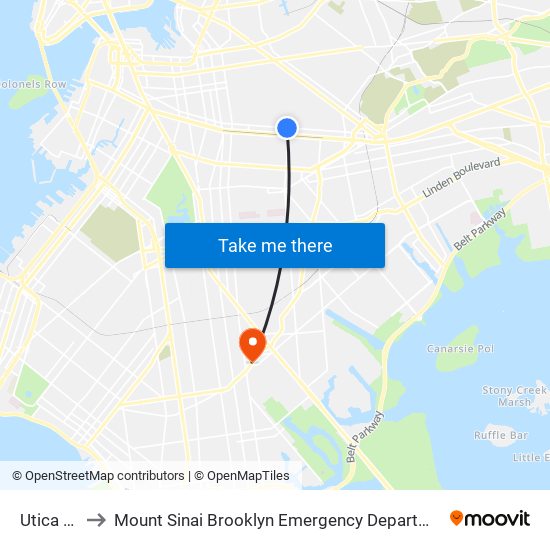 Utica Av to Mount Sinai Brooklyn Emergency Department map