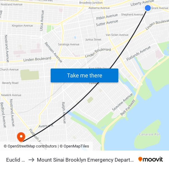 Euclid Av to Mount Sinai Brooklyn Emergency Department map