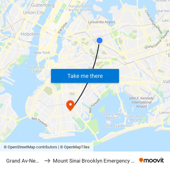Grand Av-Newtown to Mount Sinai Brooklyn Emergency Department map