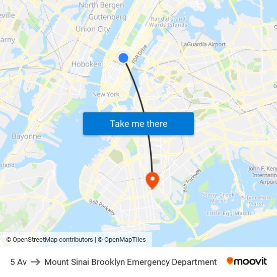 5 Av to Mount Sinai Brooklyn Emergency Department map