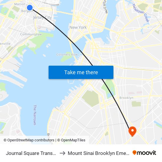 Journal Square Transportation Center to Mount Sinai Brooklyn Emergency Department map