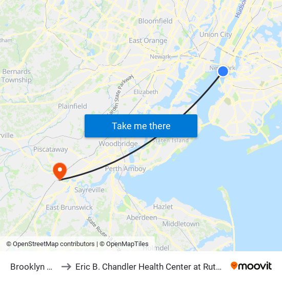 Brooklyn Bridge-City Hall to Eric B. Chandler Health Center at Rutgers Robert Wood Johnson Medical School map