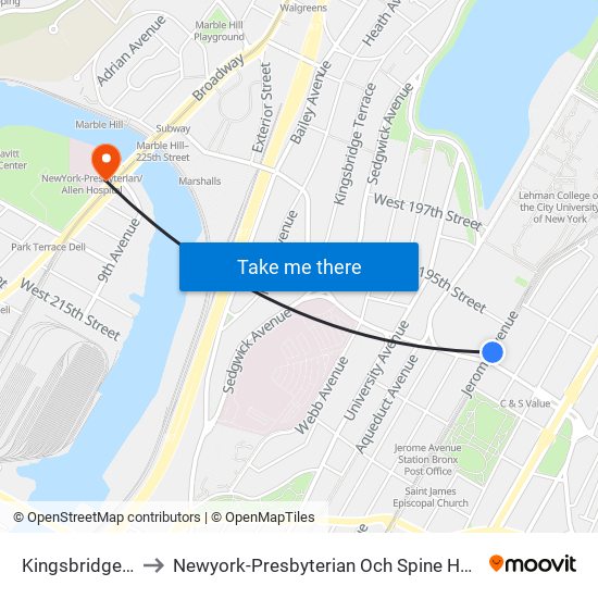 Kingsbridge Rd to Newyork-Presbyterian Och Spine Hospital map