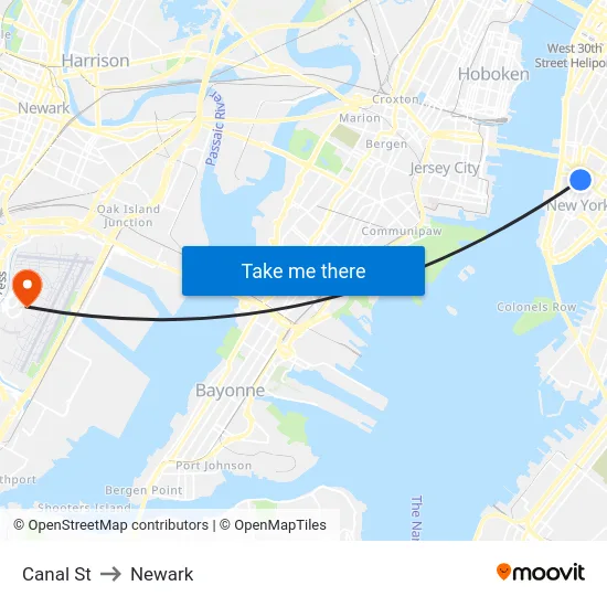Canal St to Newark map