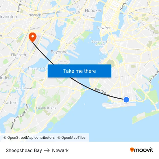Sheepshead Bay to Newark map