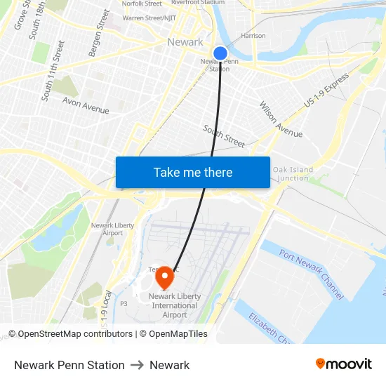 Newark Penn Station to Newark map