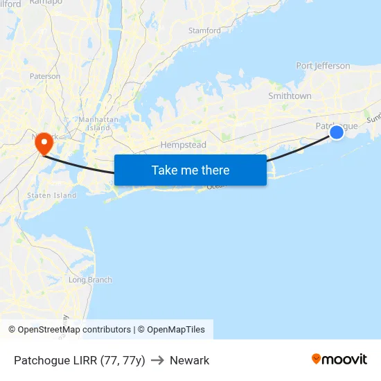 Patchogue LIRR (77, 77y) to Newark map