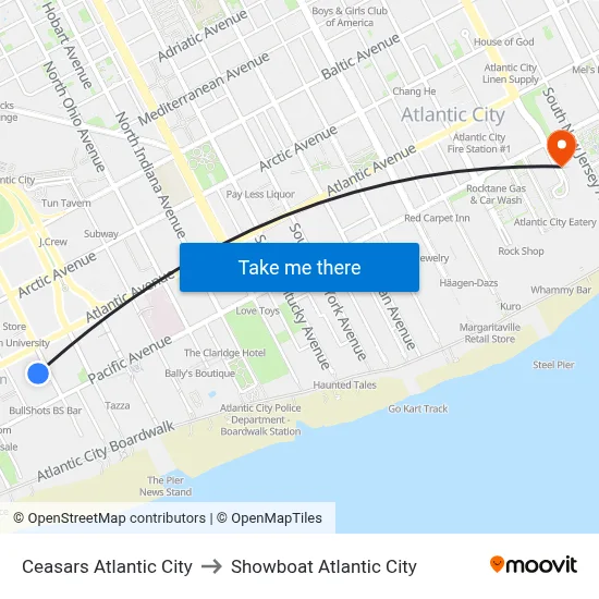 Ceasars Atlantic City to Showboat Atlantic City map