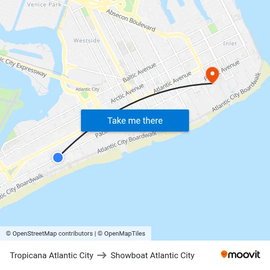 Tropicana Atlantic City to Showboat Atlantic City map